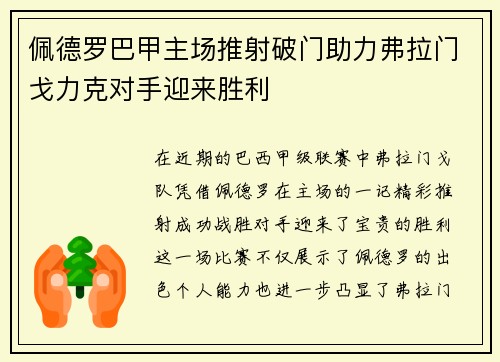 佩德罗巴甲主场推射破门助力弗拉门戈力克对手迎来胜利