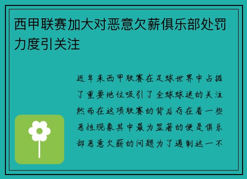 西甲联赛加大对恶意欠薪俱乐部处罚力度引关注 西甲联赛加大对恶意欠薪俱乐部处罚力度引关注