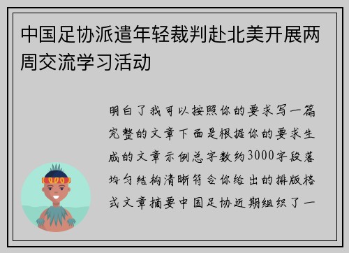 中国足协派遣年轻裁判赴北美开展两周交流学习活动 中国足协派遣年轻裁判赴北美开展两周交流学习活动