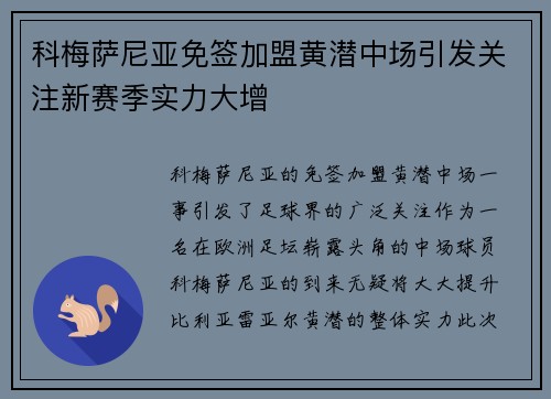科梅萨尼亚免签加盟黄潜中场引发关注新赛季实力大增